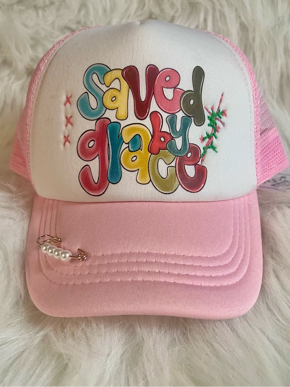 DIY Trucker Hat Pink/White Mesh Snap Back Adjustable Religious Embroidered Cross